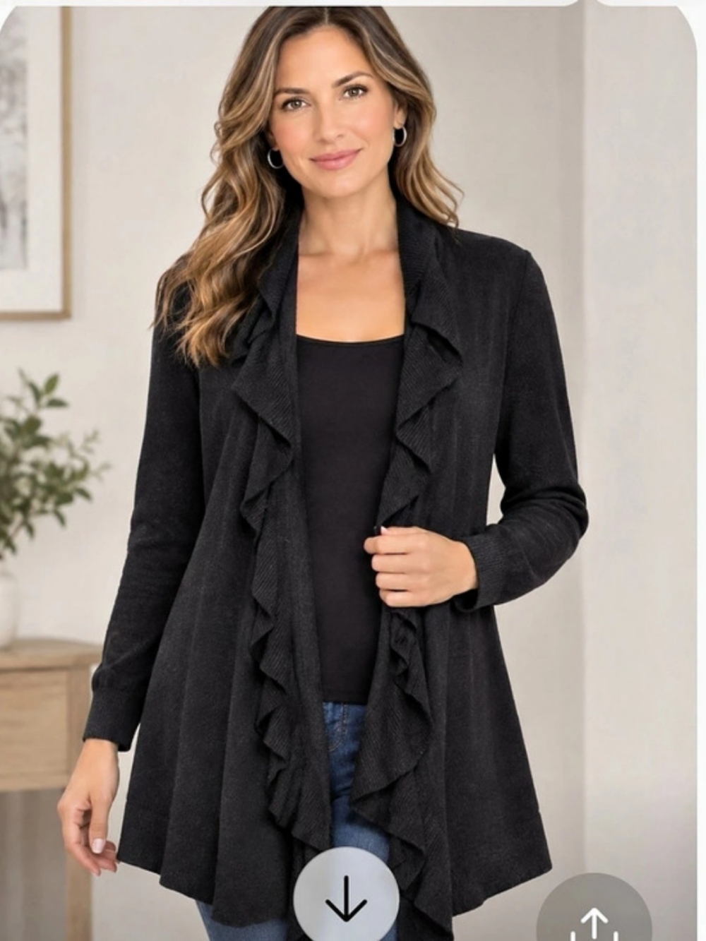 Black Ruffle Front Cardigan Like New